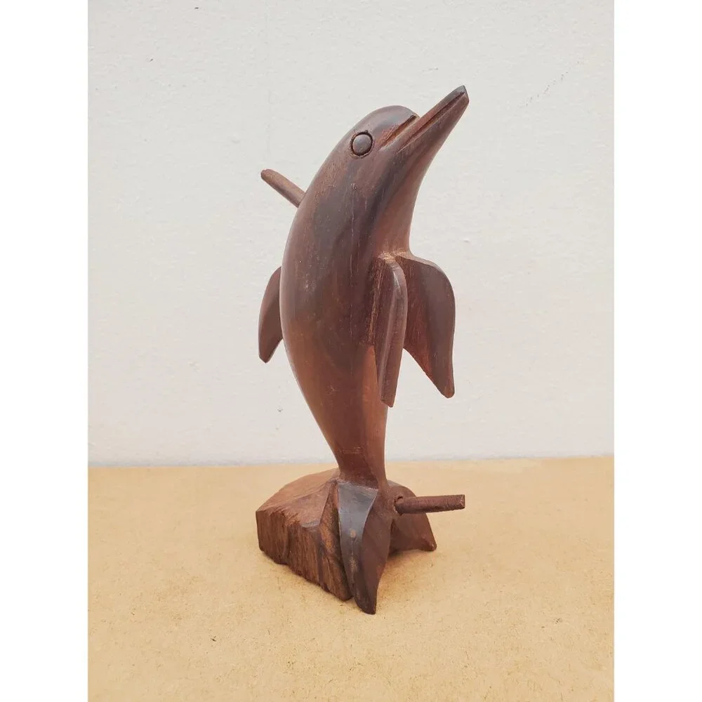 Vintage Hardwood Dolphin Statue Wood Carving, Rustic Nautical Beach Home Decor - Picture 11 of 15